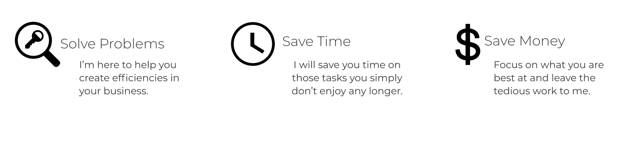 S Save Money Focus on what you are best at and leave the tedious work to me. Solve Problems I’m here to help you create efficiencies in your business.   I will save you time on those tasks you simply don’t enjoy any longer. Save Time